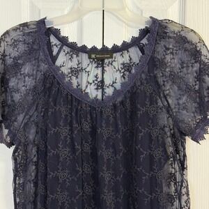 INC International Concepts Lace Top Sheer‎ Short Sleeve Blouse Navy Size S